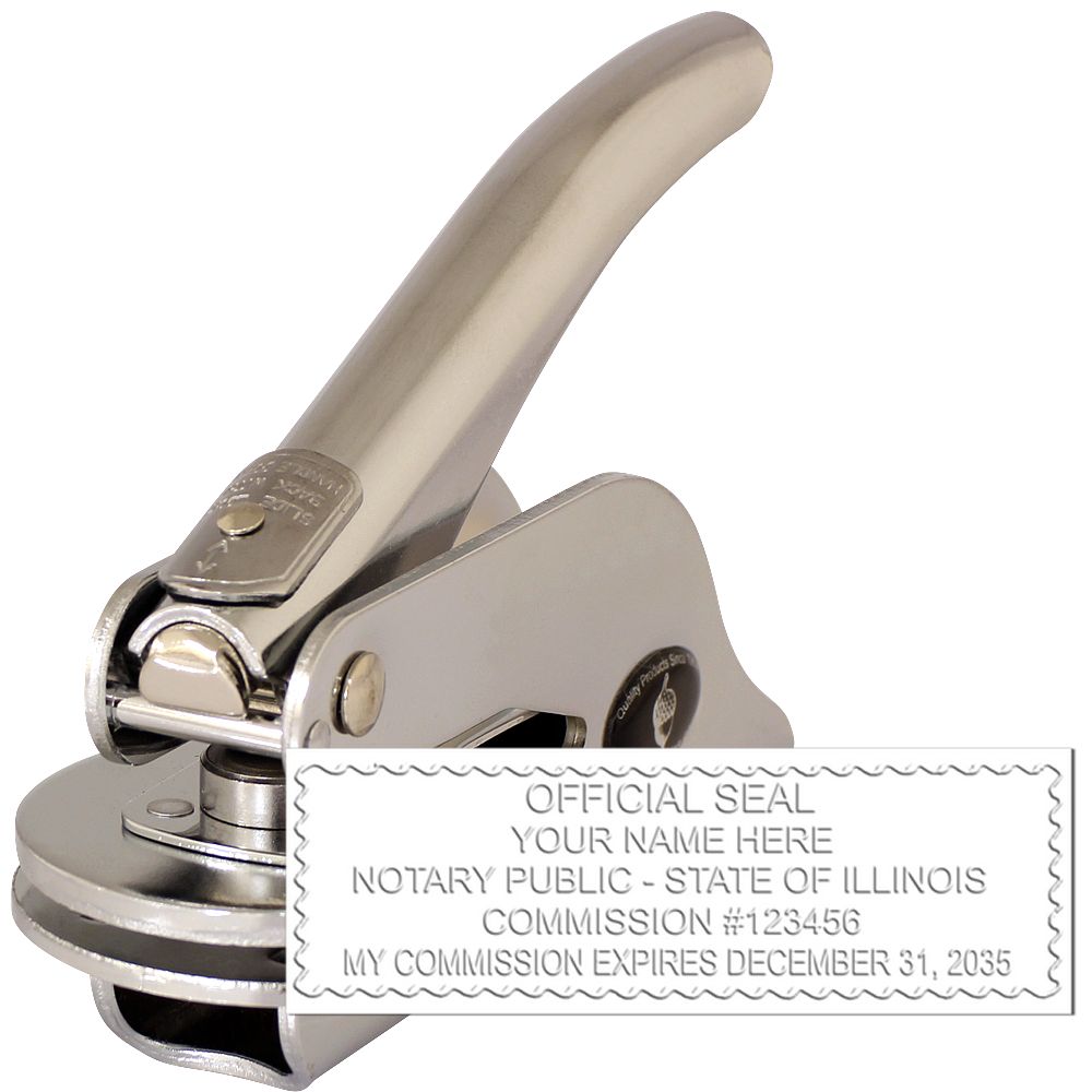 The main image for the Illinois Handheld Notary Seal Embosser depicting a sample of the imprint and electronic files