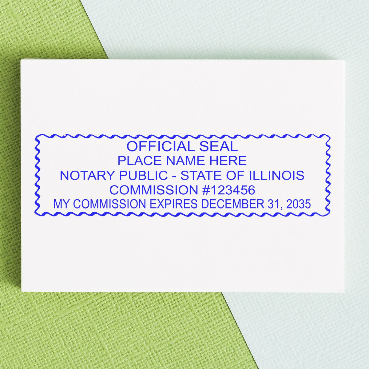 This paper is stamped with a sample imprint of the Wooden Handle Illinois Rectangular Notary Public Stamp, signifying its quality and reliability.
