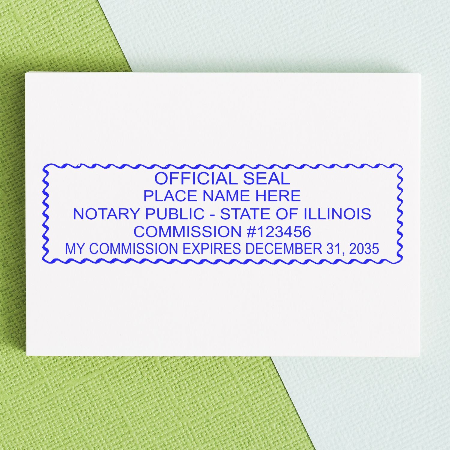 The Illinois Rectangular Digital Notary Seal stamp impression comes to life with a crisp, detailed photo on paper - showcasing true professional quality.