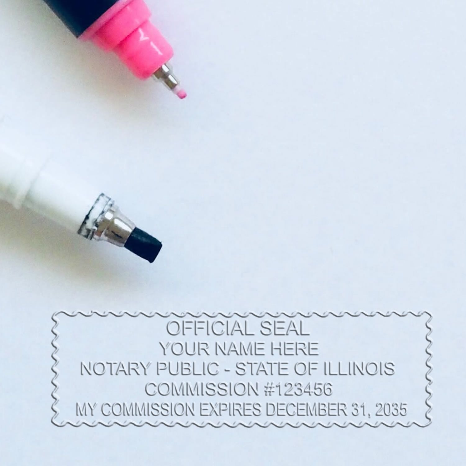 This paper is stamped with a sample imprint of the Pink Hybrid Illinois Notary Embosser, signifying its quality and reliability.