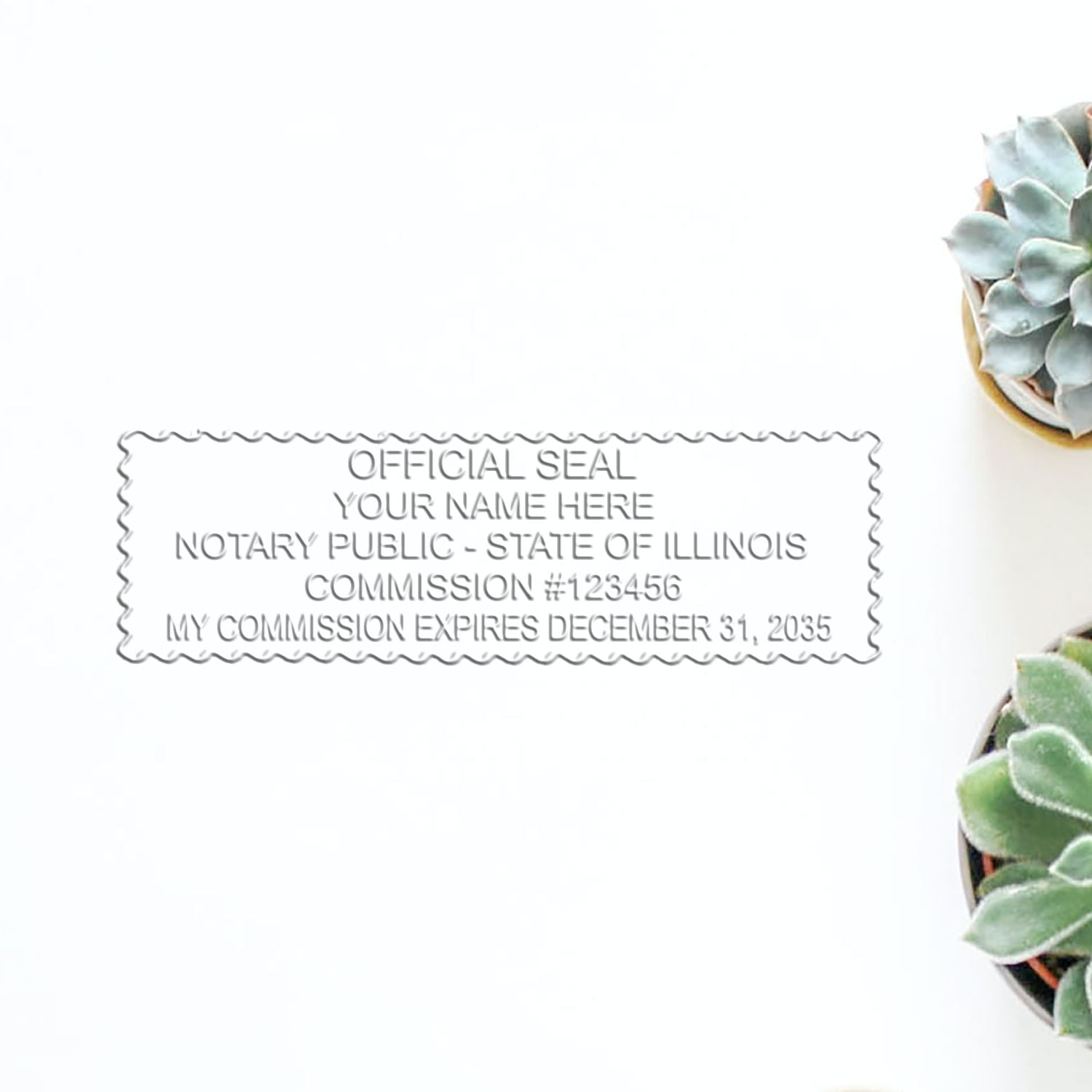 A stamped impression of the Pink Hybrid Illinois Notary Embosser in this stylish lifestyle photo, setting the tone for a unique and personalized product.