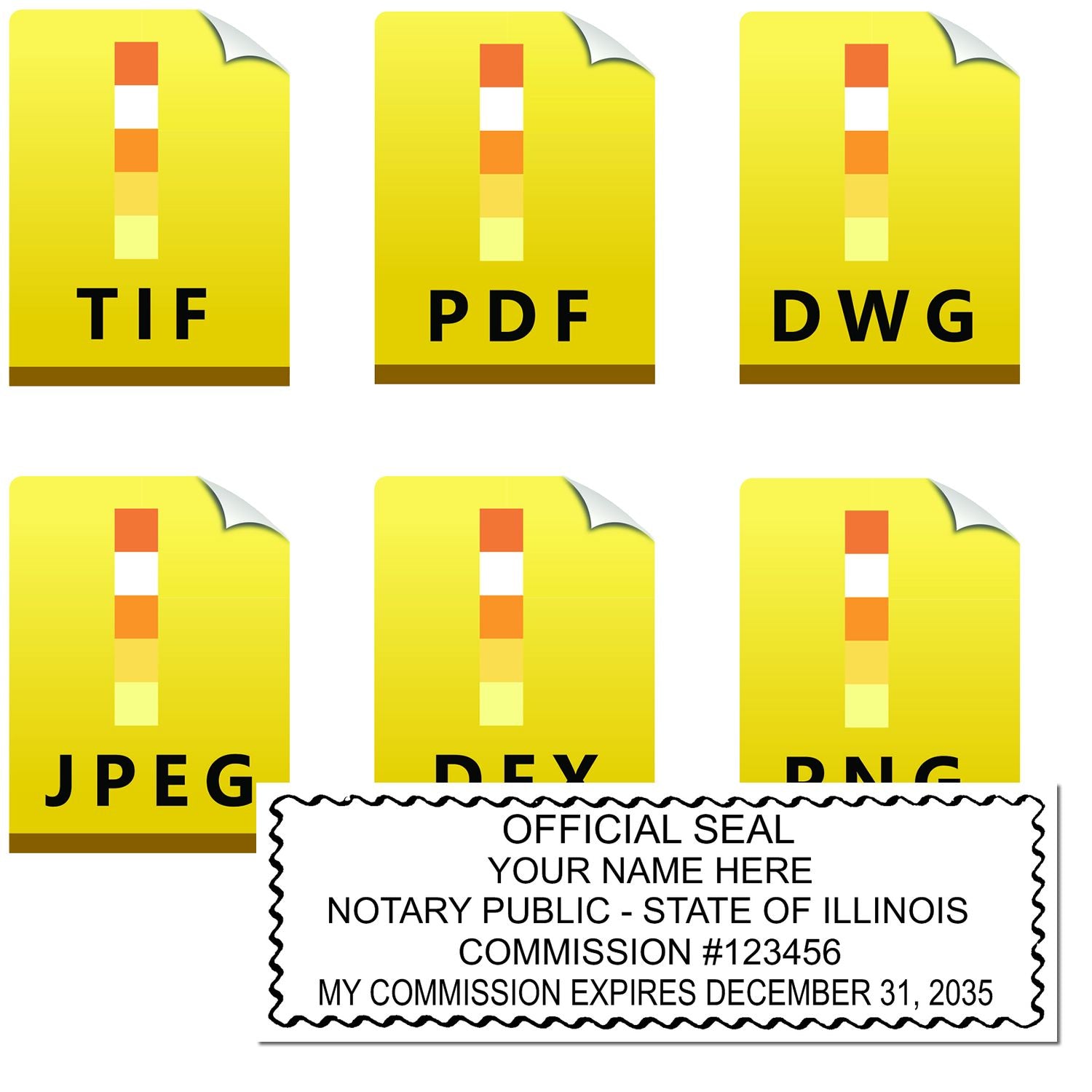 The main image for the Illinois Rectangular Digital Notary Seal depicting a sample of the imprint and electronic files