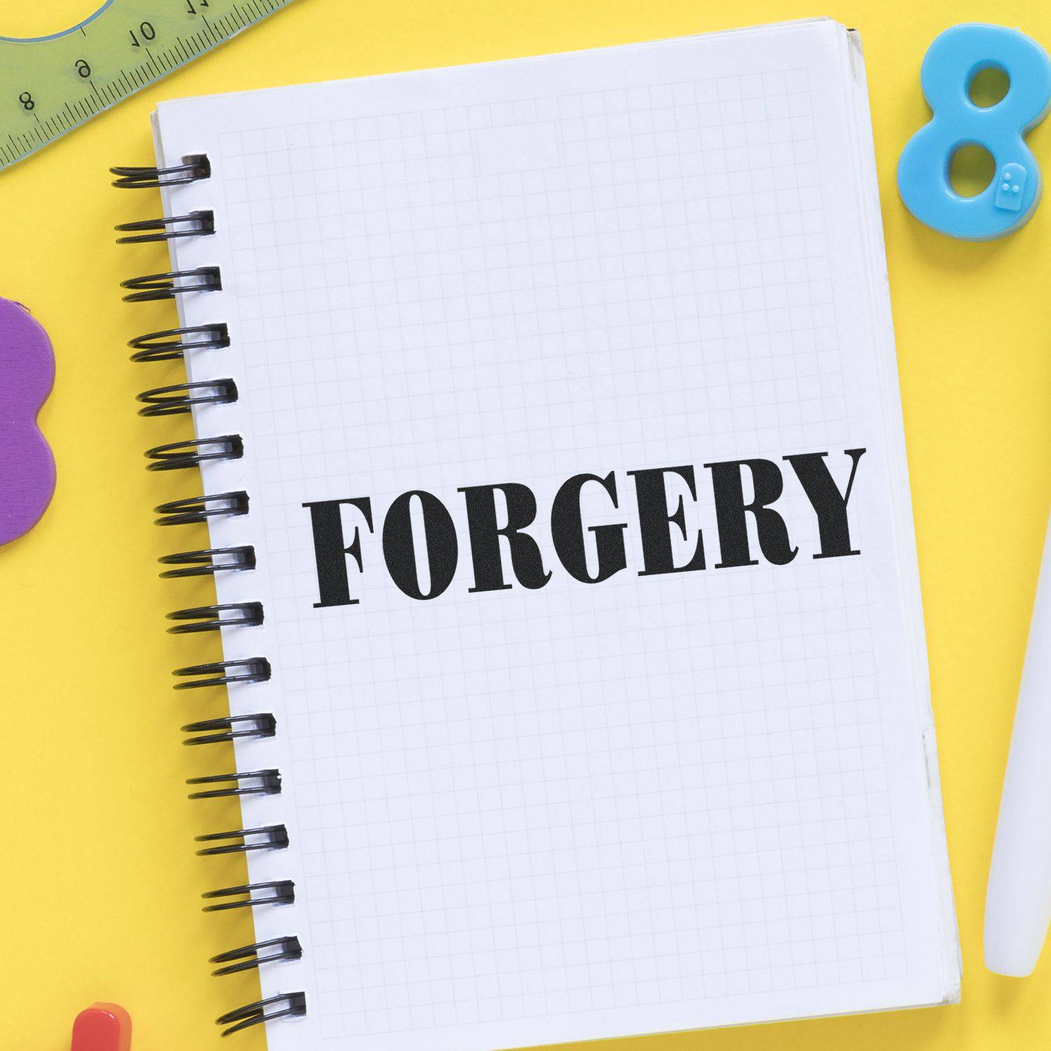 Large Pre-Inked Forgery Stamp used on a spiral notebook with FORGERY stamped in bold black letters, surrounded by colorful stationery.