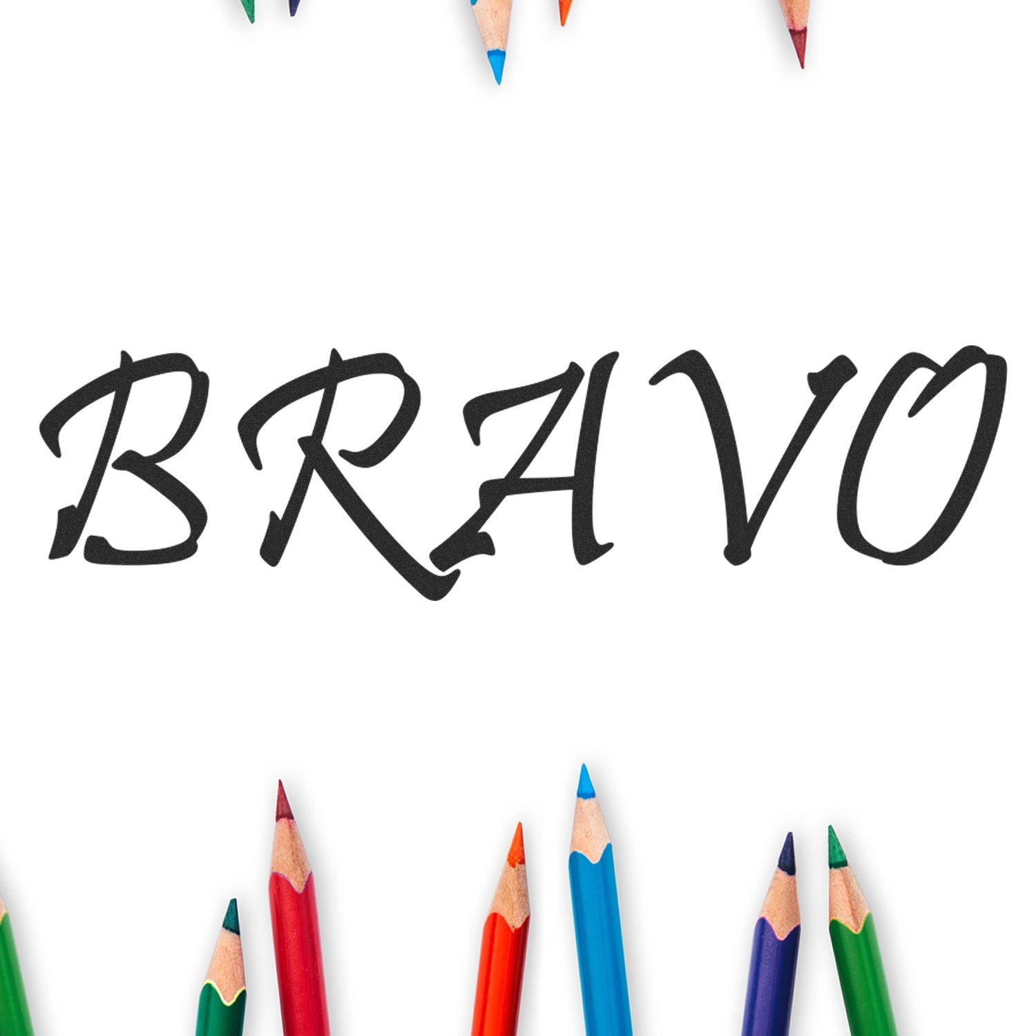 Bravo stamped in black ink using a Slim Pre-Inked Bravo Stamp, surrounded by colorful pencils on a white background.
