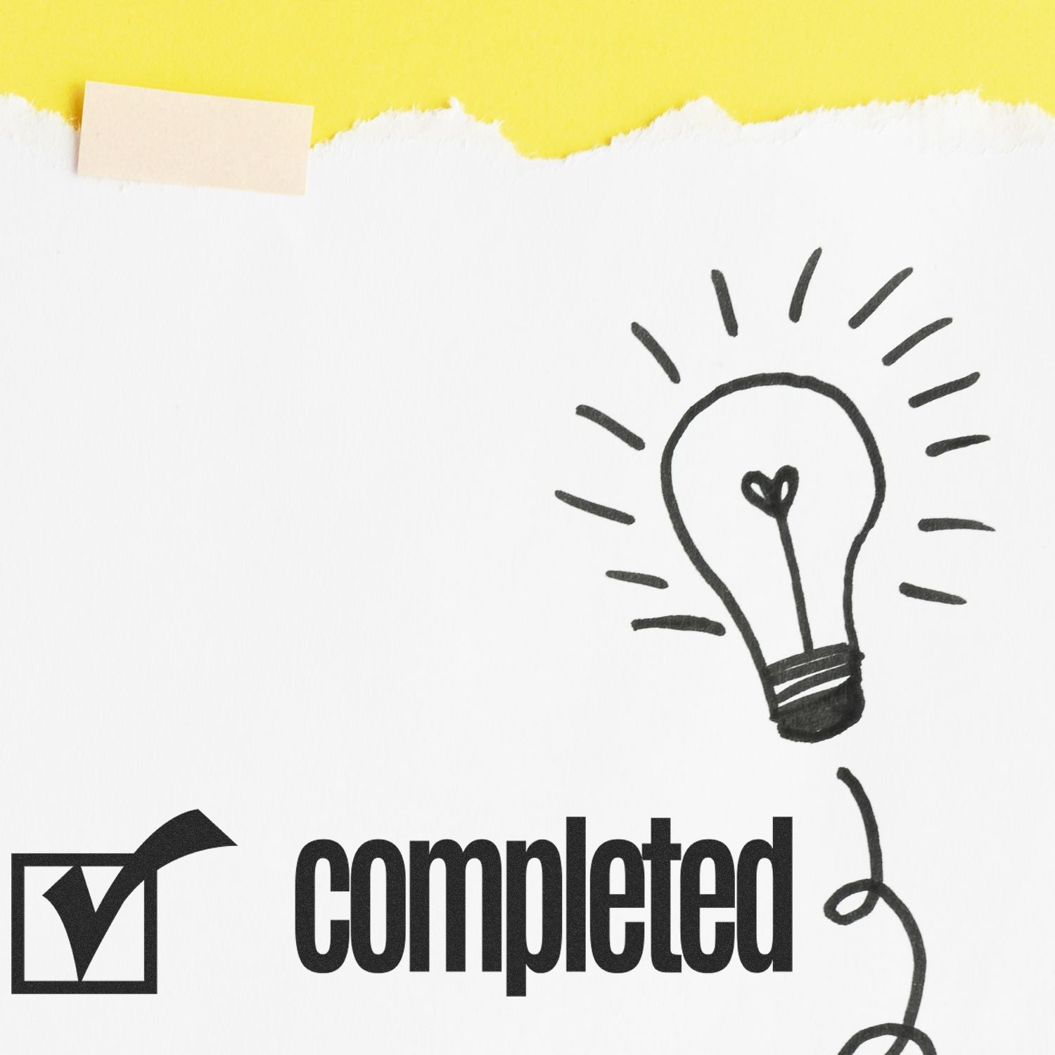 Slim Pre-Inked Completed with Checkbox Stamp on white paper with a lightbulb drawing and a yellow background.