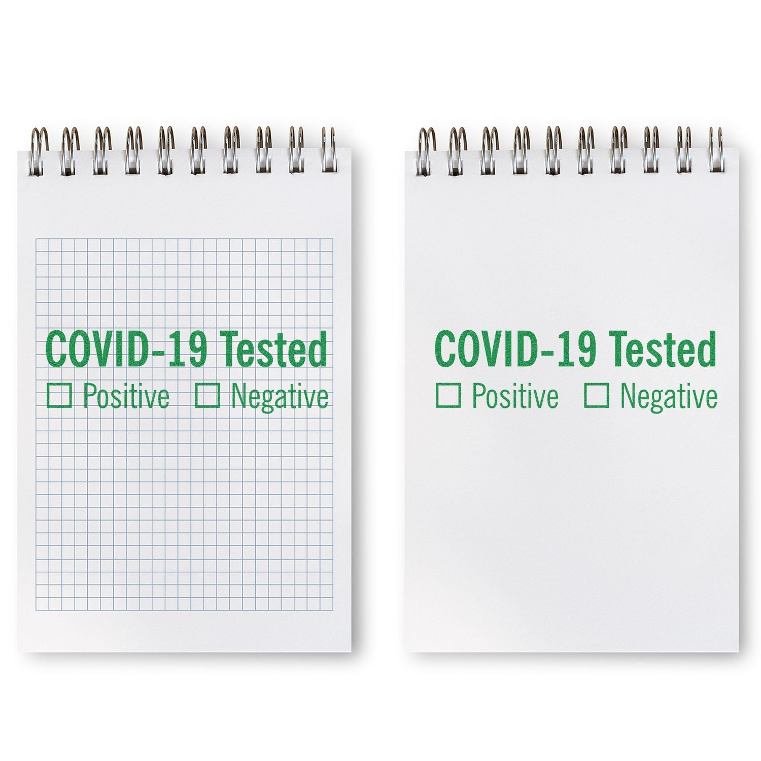 Two notepads stamped with COVID-19 Tested in green ink using the Large Covid-19 Tested Rubber Stamp, with checkboxes for Positive and Negative.