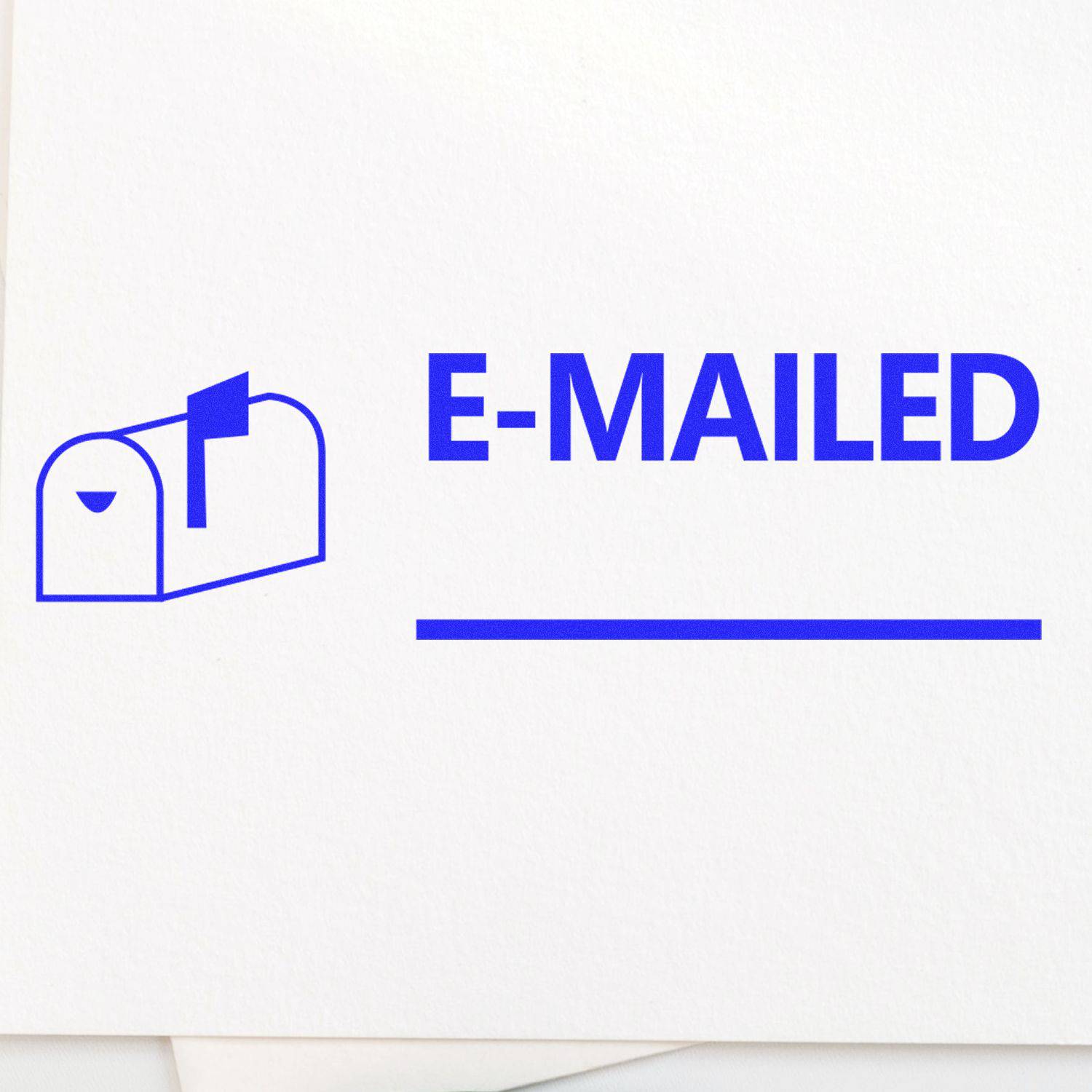 Large Pre-Inked E-Mailed with Mailbox Stamp in blue ink on white paper, featuring a mailbox icon and the word E-MAILED in bold letters.