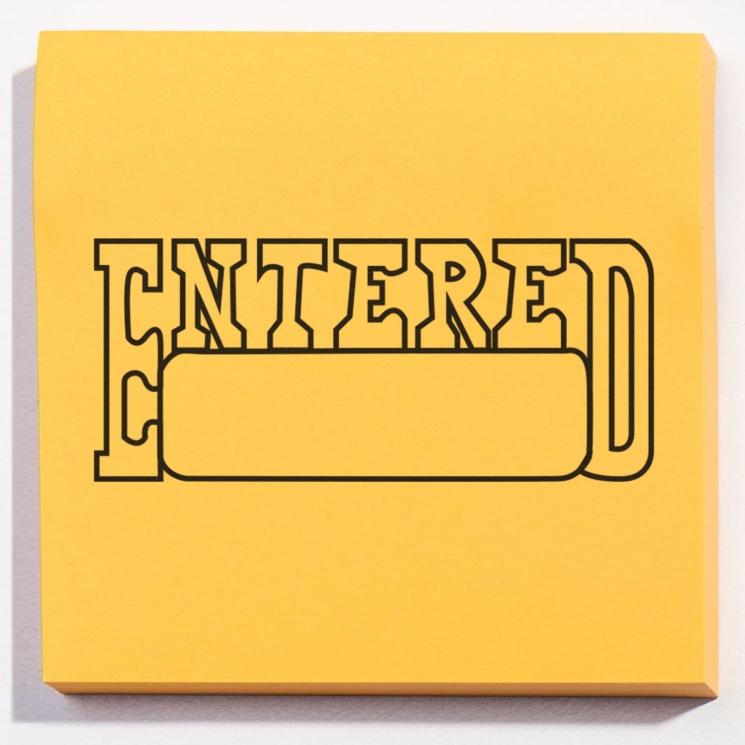 Slim Pre-Inked Entered with Date Box Stamp on a yellow sticky note, showing the word ENTERED with a blank date box below.
