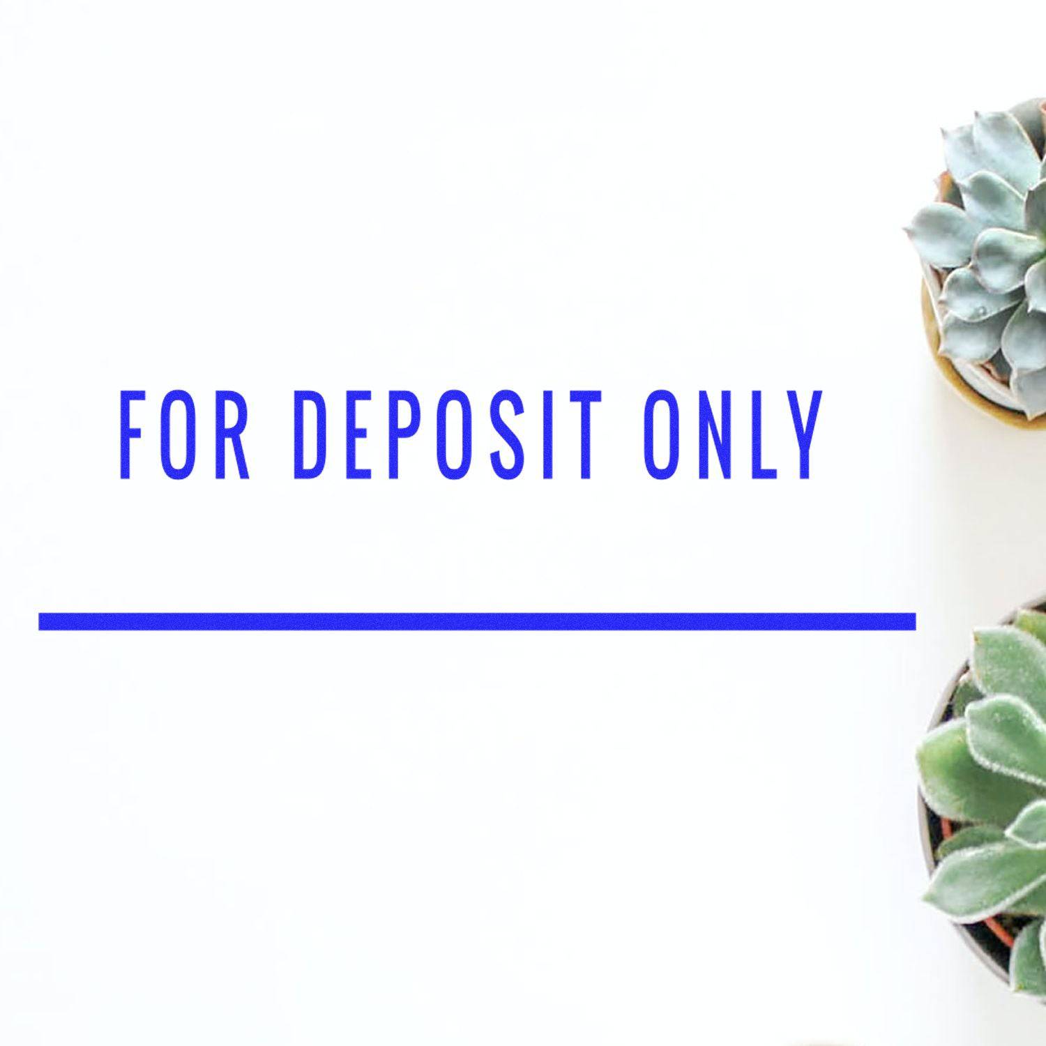 Large Pre-Inked For Deposit Only with Line Stamp in use, showing clear blue text and line on white paper, with succulents nearby.