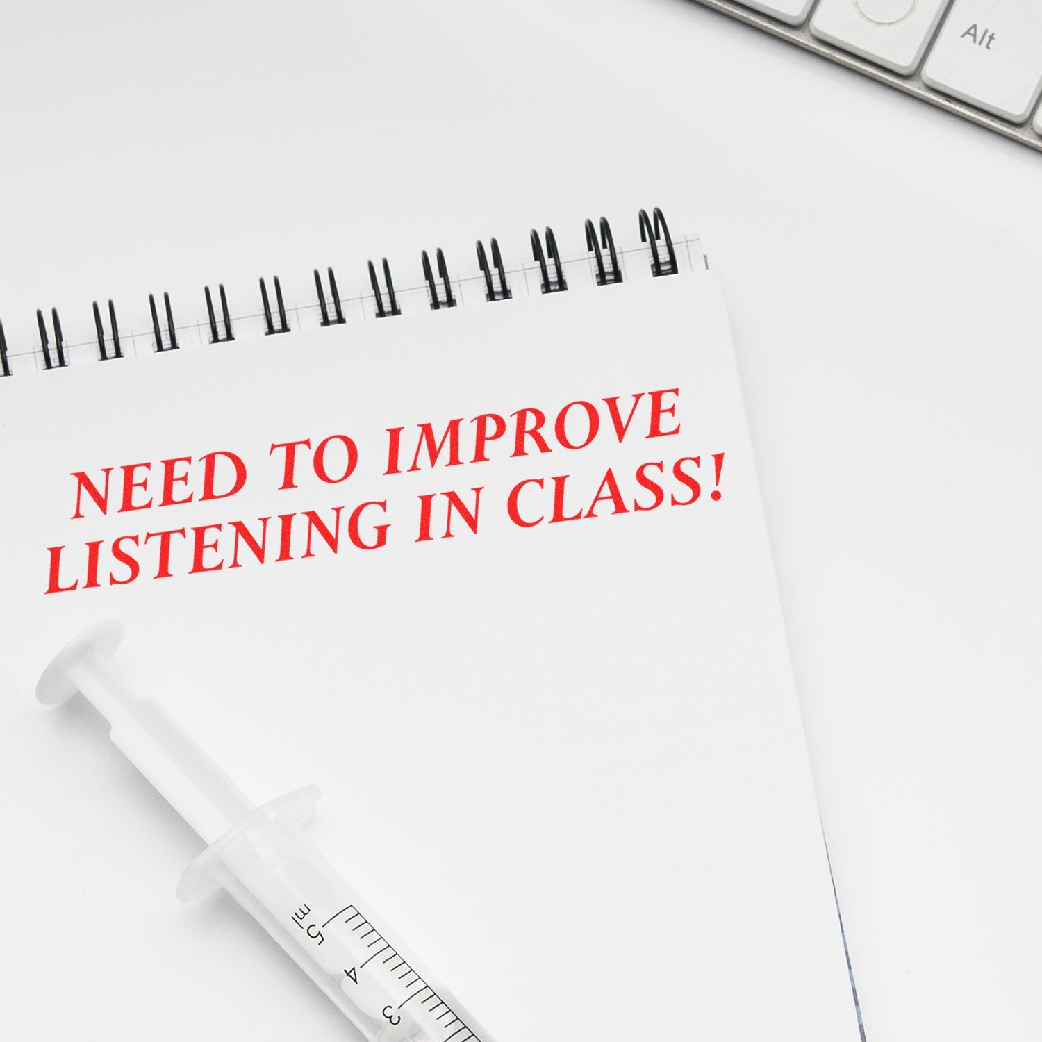 Notebook with Need To Improve Listening In Class rubber stamp in red ink, next to a keyboard and a syringe-shaped pen.