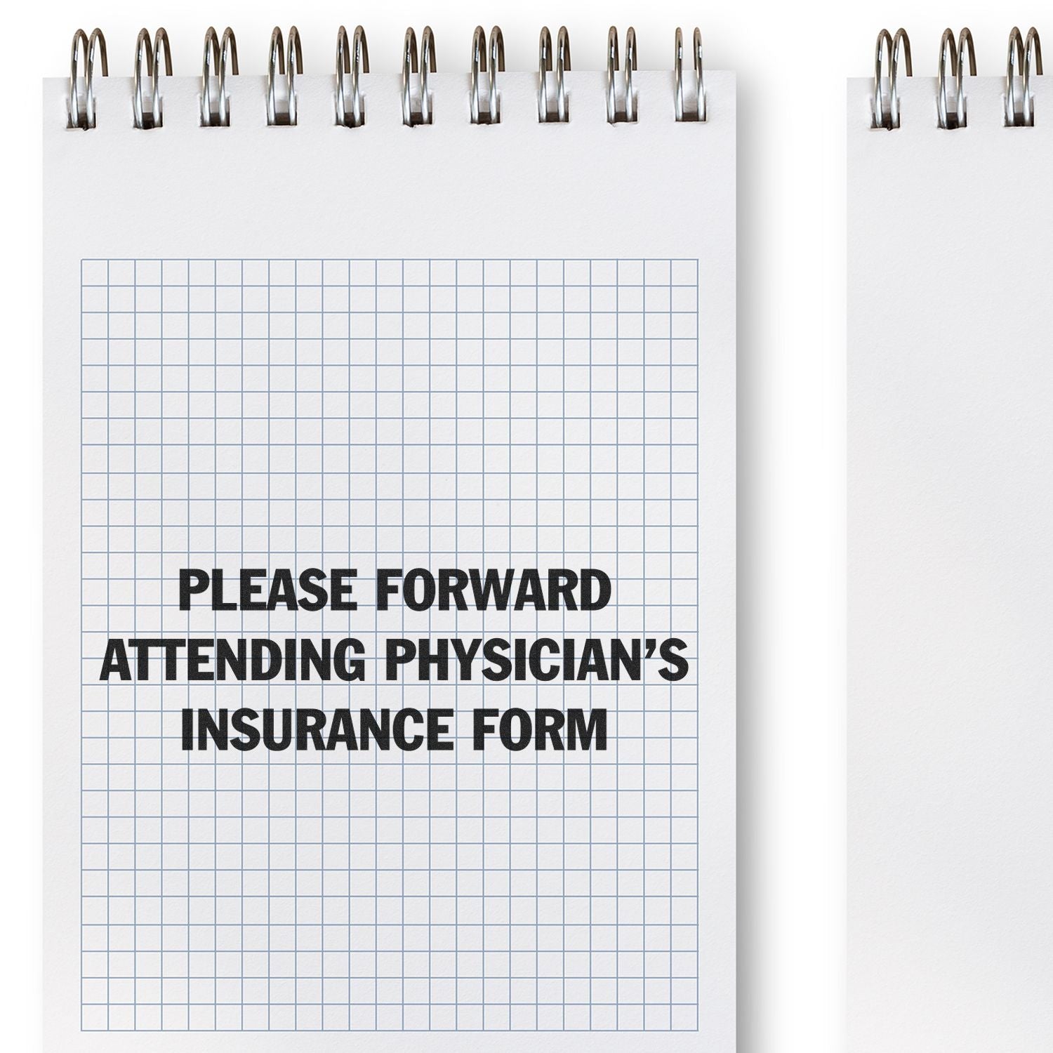 Slim Pre-Inked Please Forward Insurance Form Stamp used on a spiral notebook with a grid pattern background.