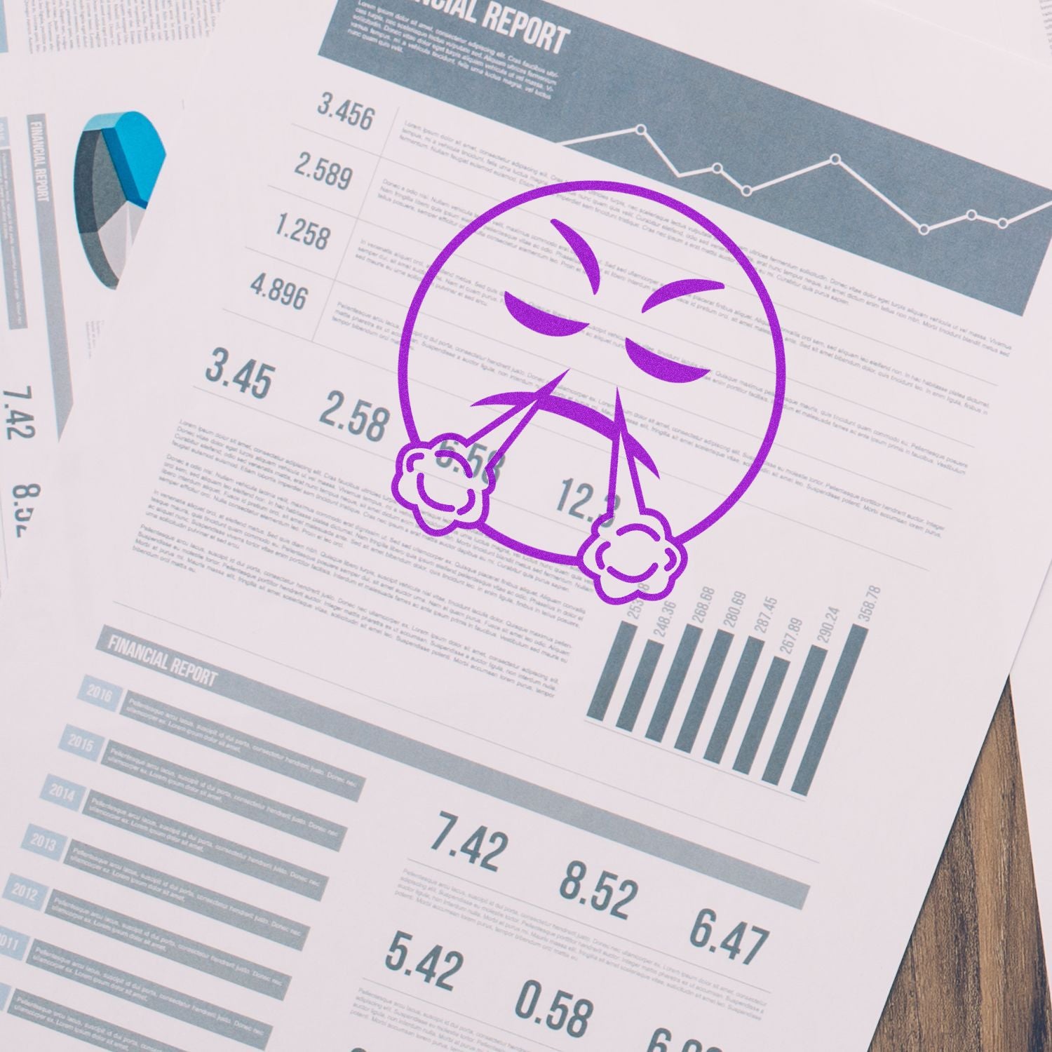 Round Angry Smiley Rubber Stamp in purple ink on financial reports with charts and graphs in the background.