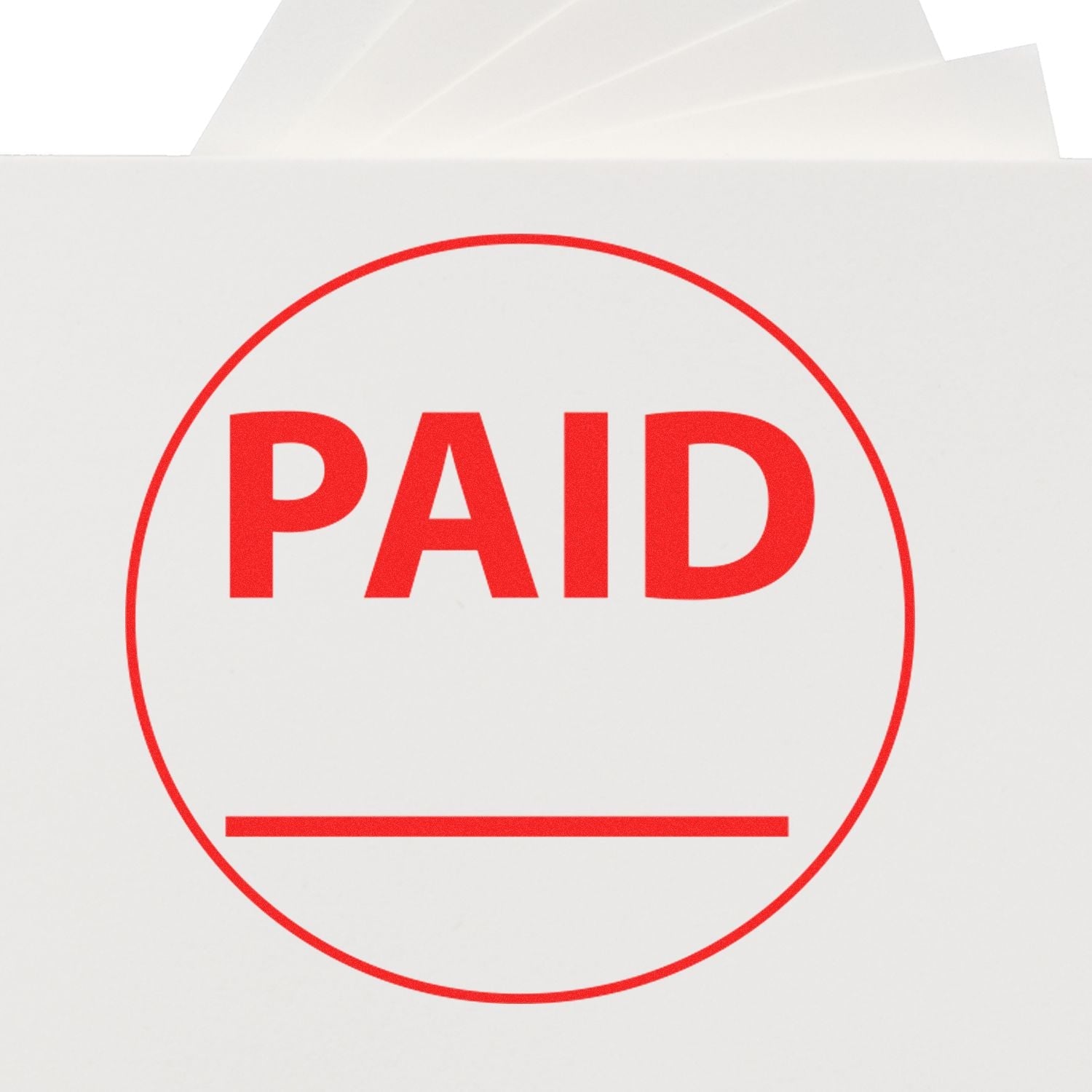 Self Inking Round Paid with Line Stamp in red ink on white paper, showing the word PAID inside a circle with a line underneath.