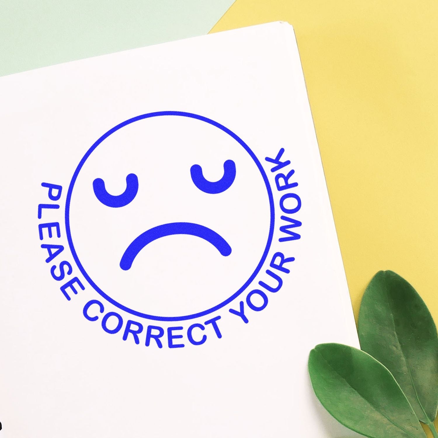 Self Inking Round Please Correct Smiley Stamp in blue ink on paper with a sad face and Please Correct Your Work text, next to green leaves.