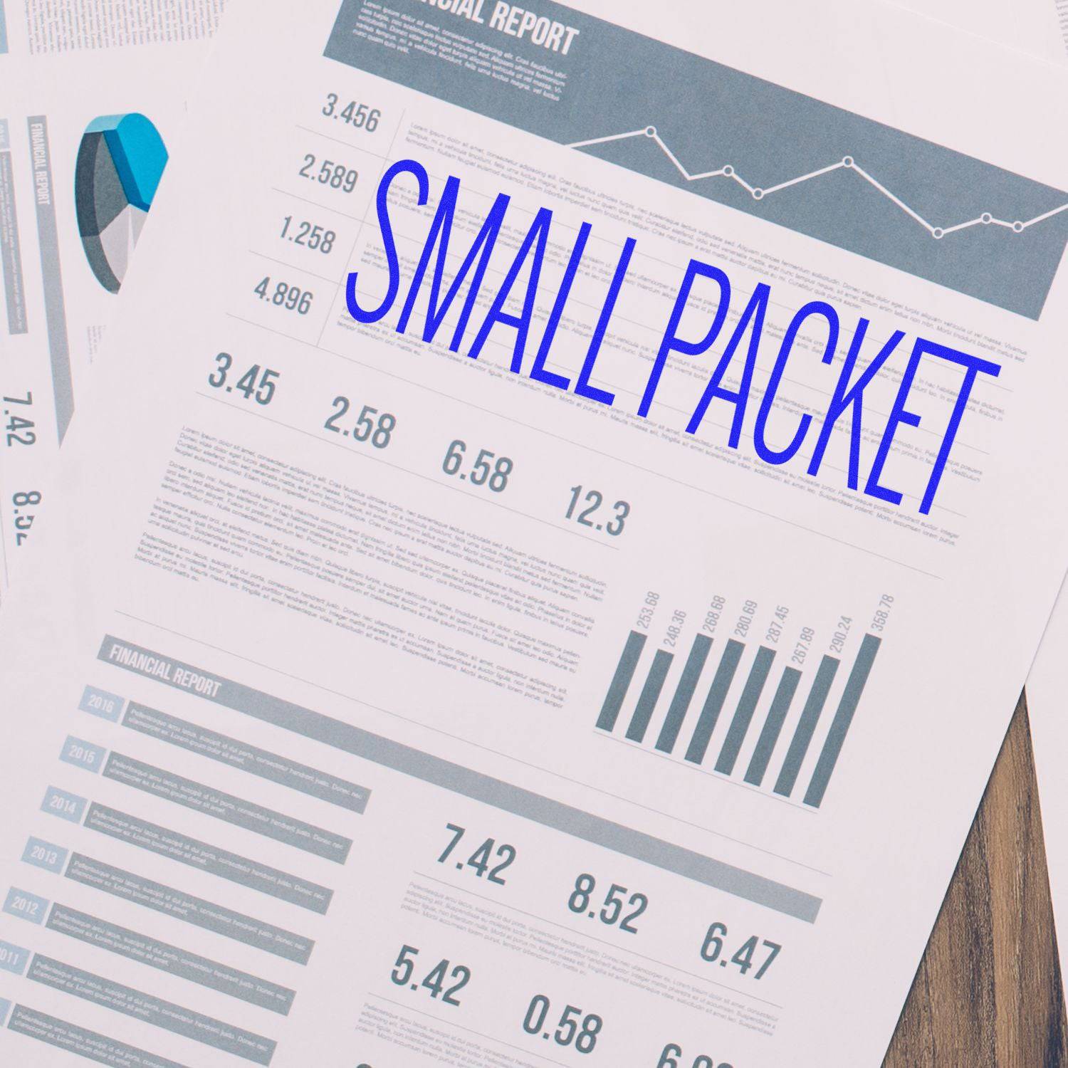 Large Pre-Inked Small Packet Stamp in blue ink on a financial report with charts and graphs.
