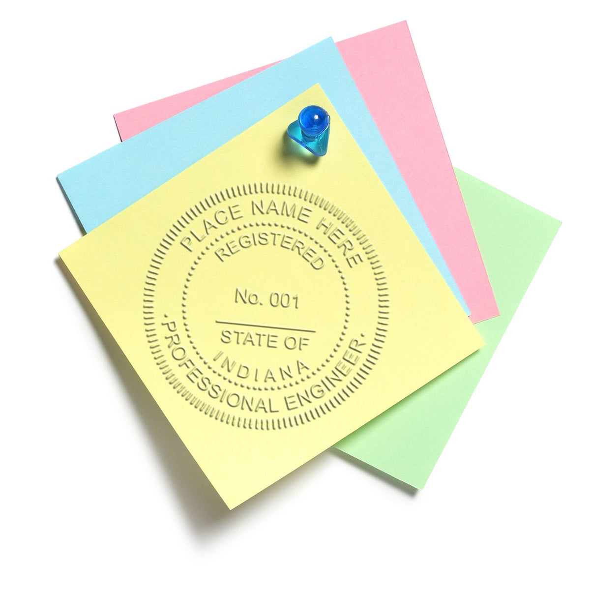 An in use photo of the Gift Indiana Engineer Seal showing a sample imprint on a cardstock