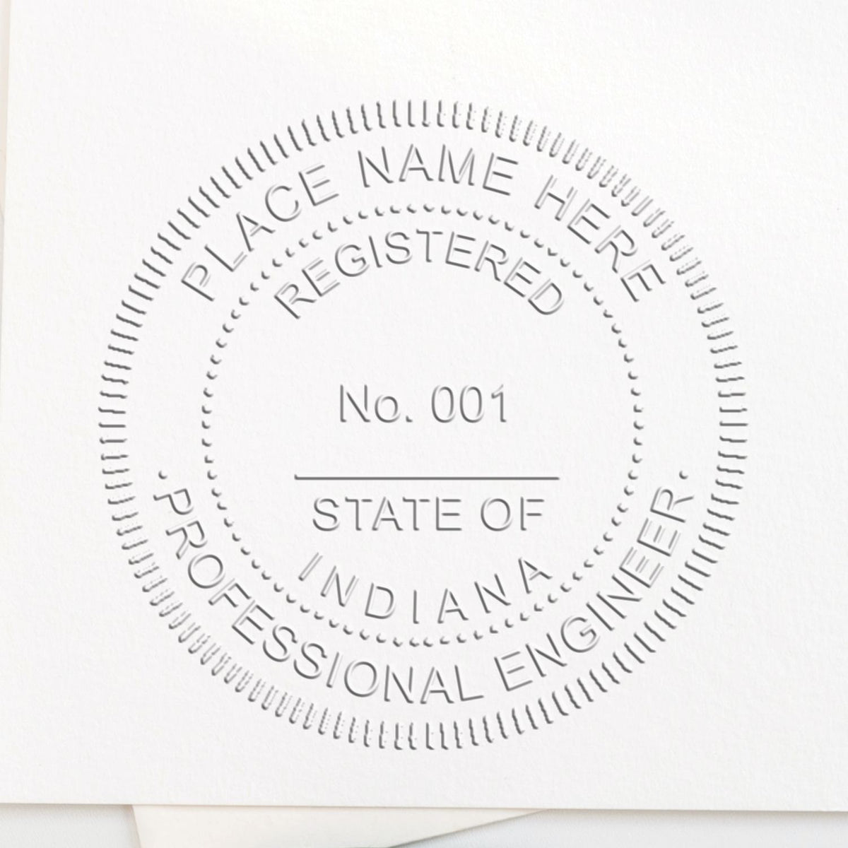A photograph of the Indiana Engineer Desk Seal stamp impression reveals a vivid, professional image of the on paper.