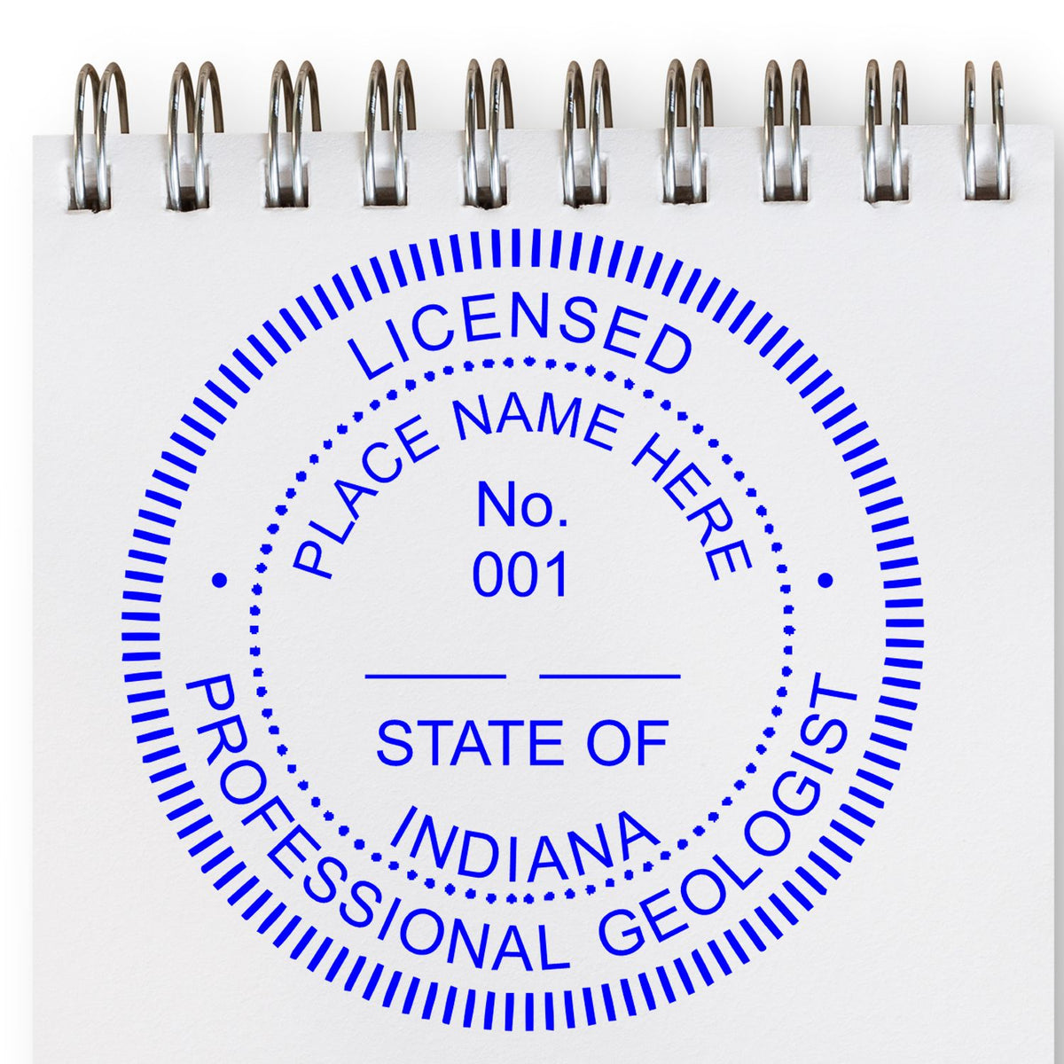 The Slim Pre-Inked Indiana Professional Geologist Seal Stamp  impression comes to life with a crisp, detailed image stamped on paper - showcasing true professional quality.