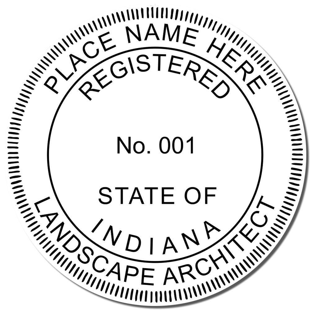 A lifestyle photo showing a stamped image of the Slim Pre-Inked Indiana Landscape Architect Seal Stamp on a piece of paper