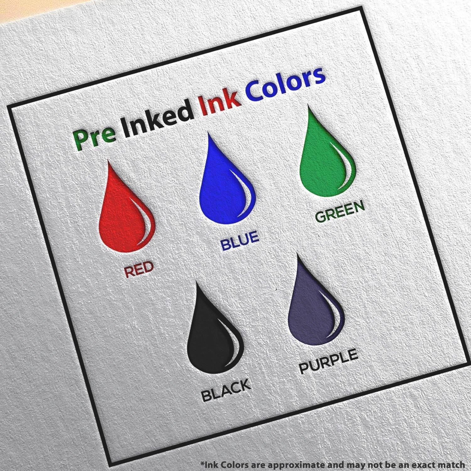 Image showing color options for the Large Pre-Inked Evidence Stamp: red, blue, green, black, and purple. Ink colors may not be exact.