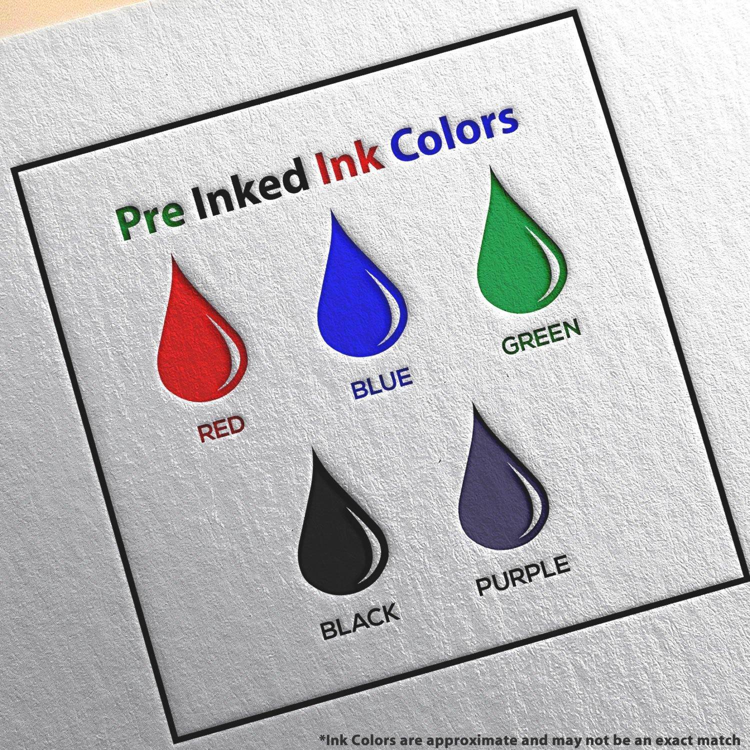 Image showing ink color options for the Large Pre-Inked Italic Rush Stamp: red, blue, green, black, and purple.
