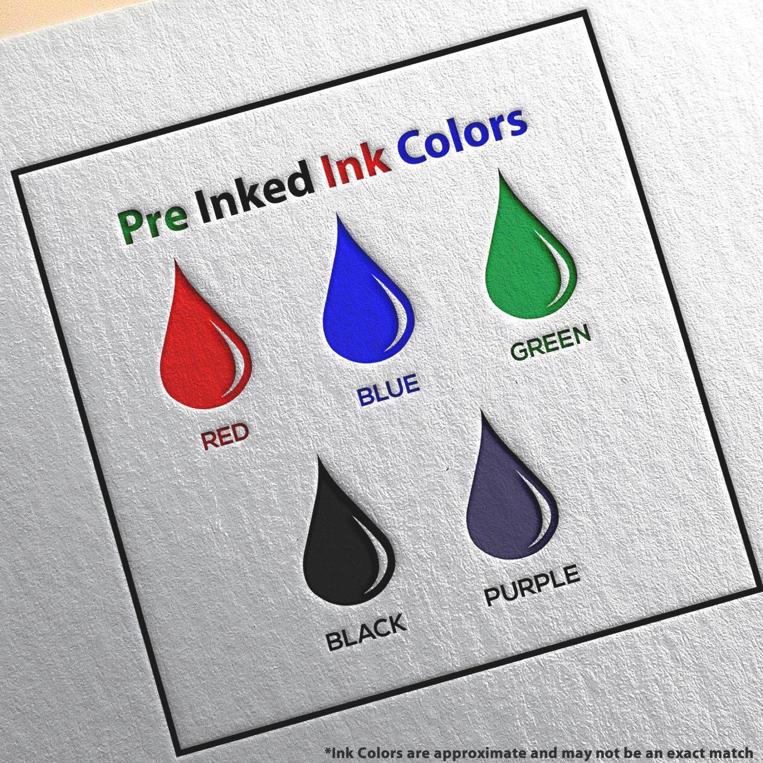 Image showing five ink color options for the MaxLight Pre-Inked Professional Engineer Stamp of Seal: red, blue, green, black, and purple. Each color is represented by a droplet icon with corresponding labels.
