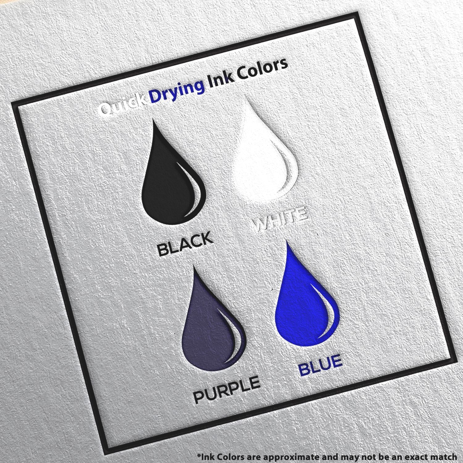 Image showing four ink drops labeled as Quick Drying Rubber Stamp Ink in black, white, purple, and blue colors on a textured background.