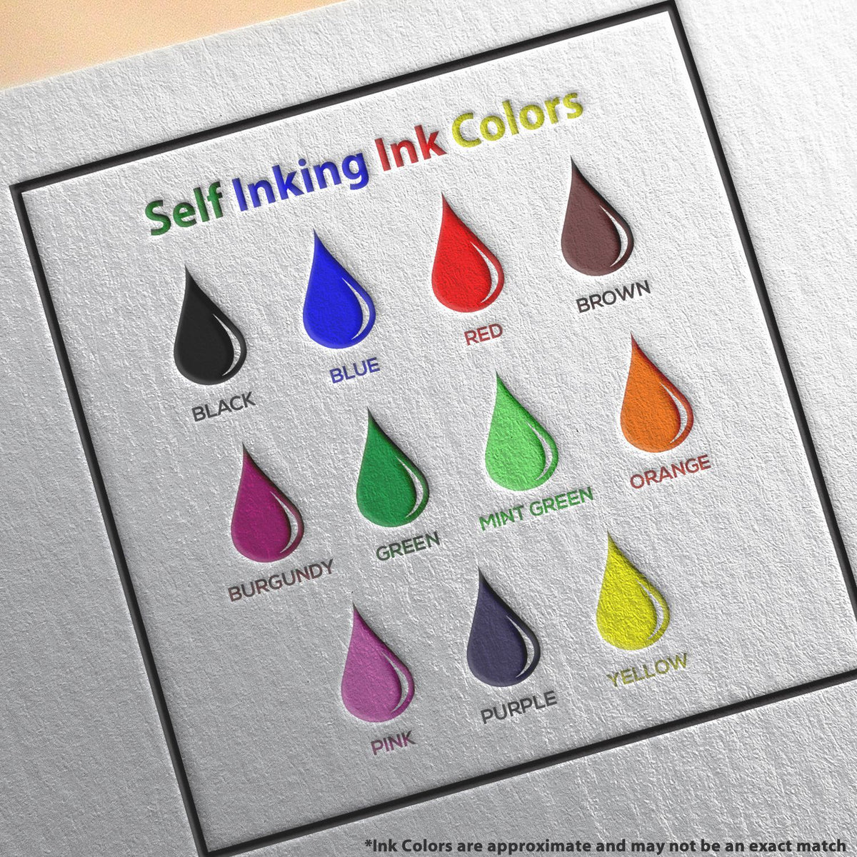 A picture showing the different ink colors or hues available for the Self-Inking District of Columbia Geologist Stamp
