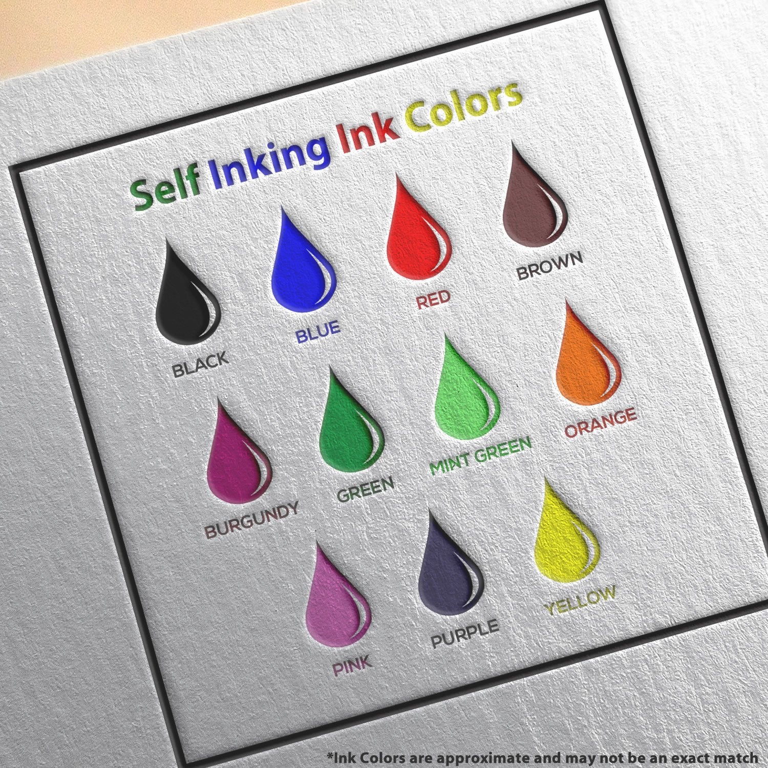 Image showing various ink colors for the Self Inking Narrow Font Second Notice Stamp, including black, blue, red, brown, burgundy, green, mint green, orange, pink, purple, and yellow.