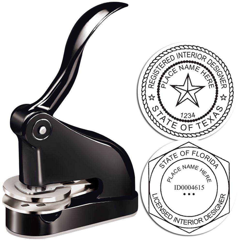Interior Designer Black Gift Seal Embosser with a sleek handle and sample embossed seals for registered and licensed interior designers.