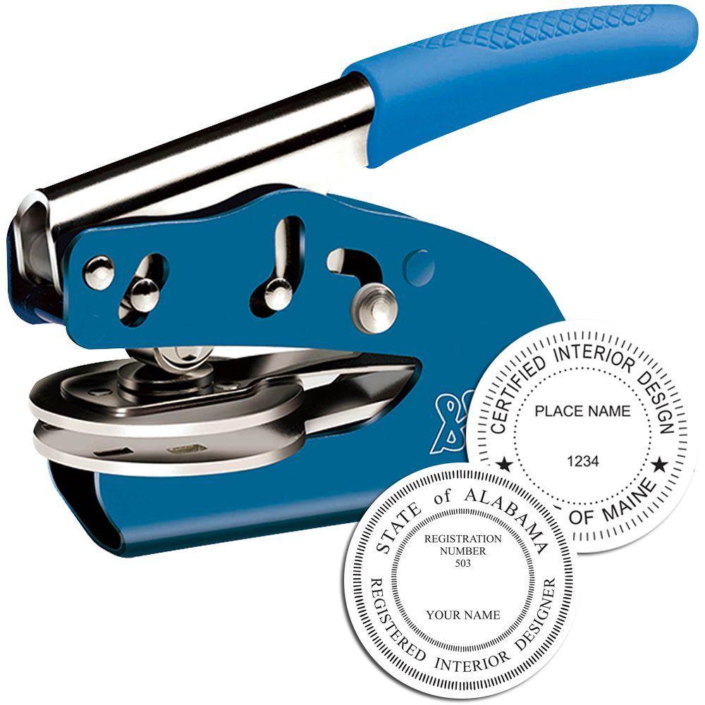 Interior Designer Blue Soft Seal Embosser with a blue handle, shown with two embossed sample seals for interior designers from Alabama and Maine.