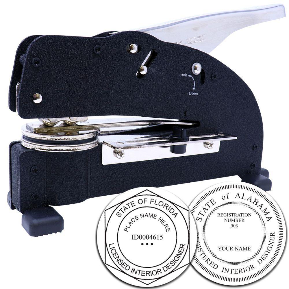Image of the Interior Designer Extended Long Reach Desk Seal Embosser with two sample embossed seals showing state registration details.