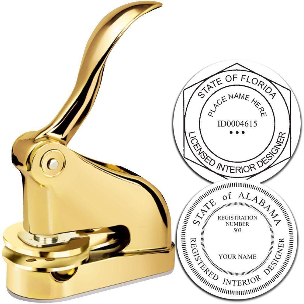 Interior Designer Gold Gift Seal Embosser with a sleek gold handle and sample embossed seals for licensed interior designers from Florida and Alabama.