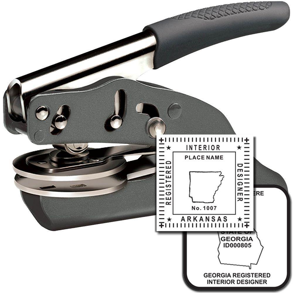 Interior Designer Handheld Soft Seal Embosser with ergonomic handle, shown with sample embossed designs for Arkansas and Georgia.