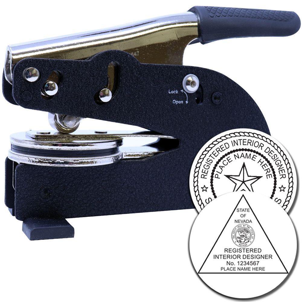 Interior Designer Long Reach Desk Seal Embosser with black and gold handle, shown with an embossed seal example for registered interior designers.