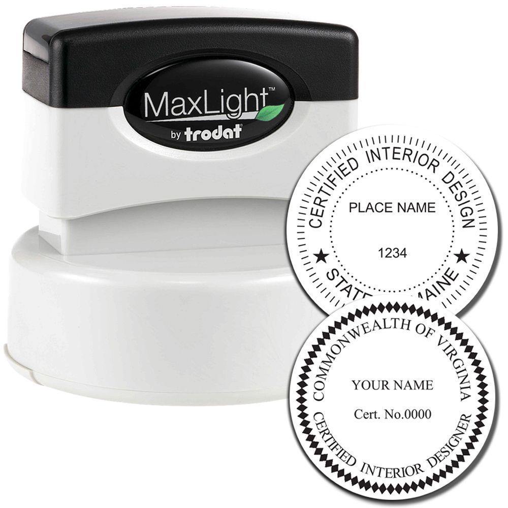 Interior Designer MaxLight Pre Inked Rubber Stamp of Seal, featuring a black and white stamp with customizable text for certified interior designers.
