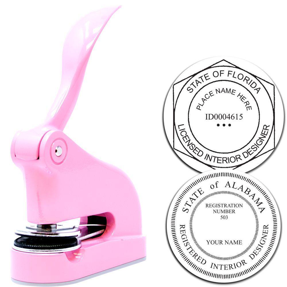 Interior Designer Pink Gift Embosser with a sleek pink handle, shown with sample embossed designs for licensed interior designers.