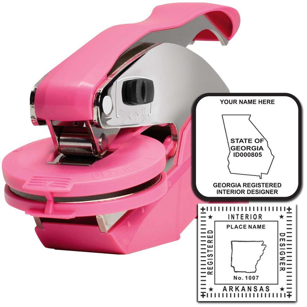 Interior Designer Pink Hybrid Handheld Embosser with a sleek design, shown with sample embossed designs for Georgia and Arkansas.