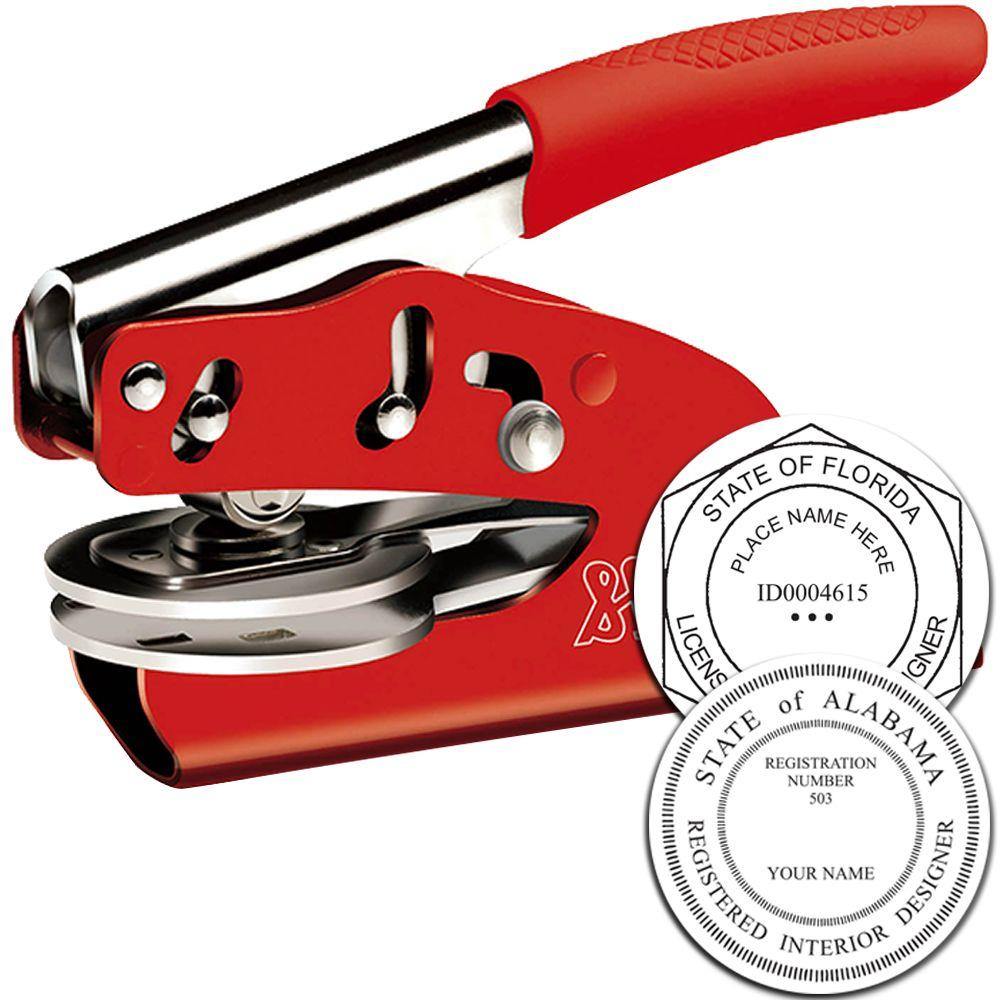 Interior Designer Red Soft Seal Embosser with a red handle, shown with two sample embossed seals for Florida and Alabama interior designers.