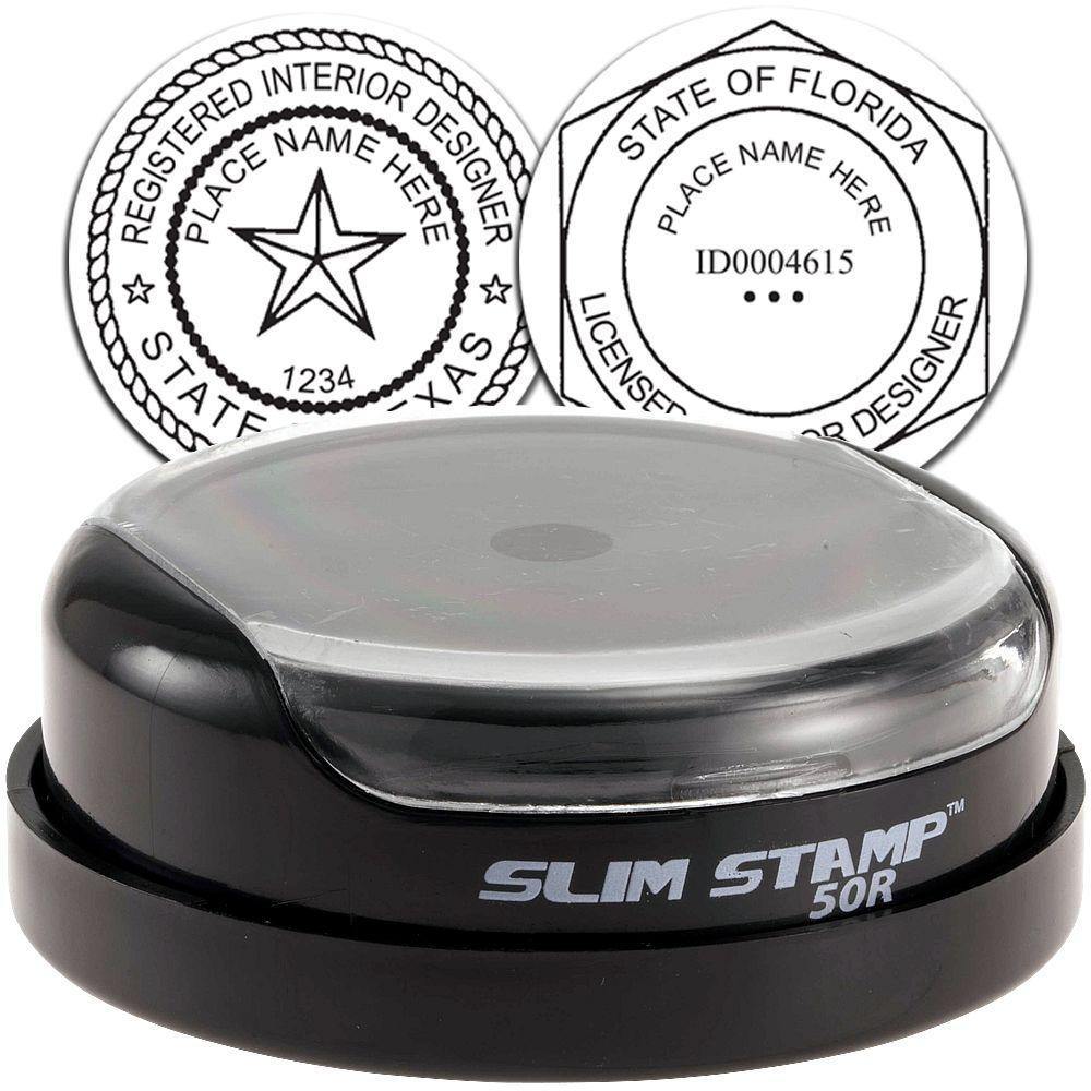Interior Designer Slim Pre Inked Rubber Stamp of Seal, featuring customizable state seals for registered interior designers.