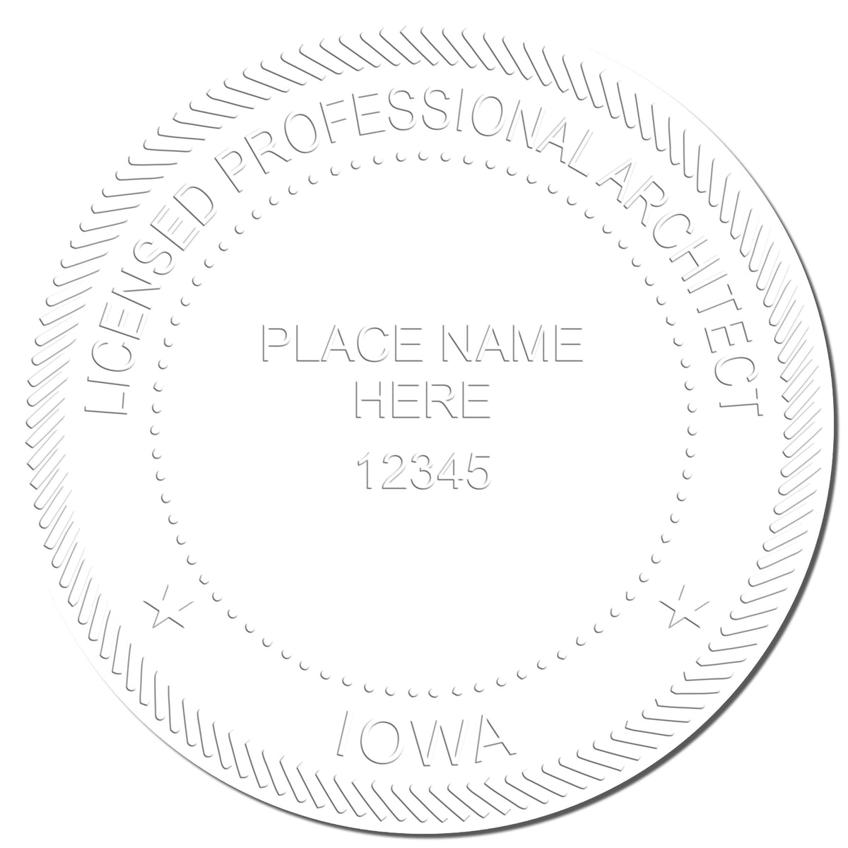 A photograph of the Iowa Desk Architect Embossing Seal stamp impression reveals a vivid, professional image of the on paper.