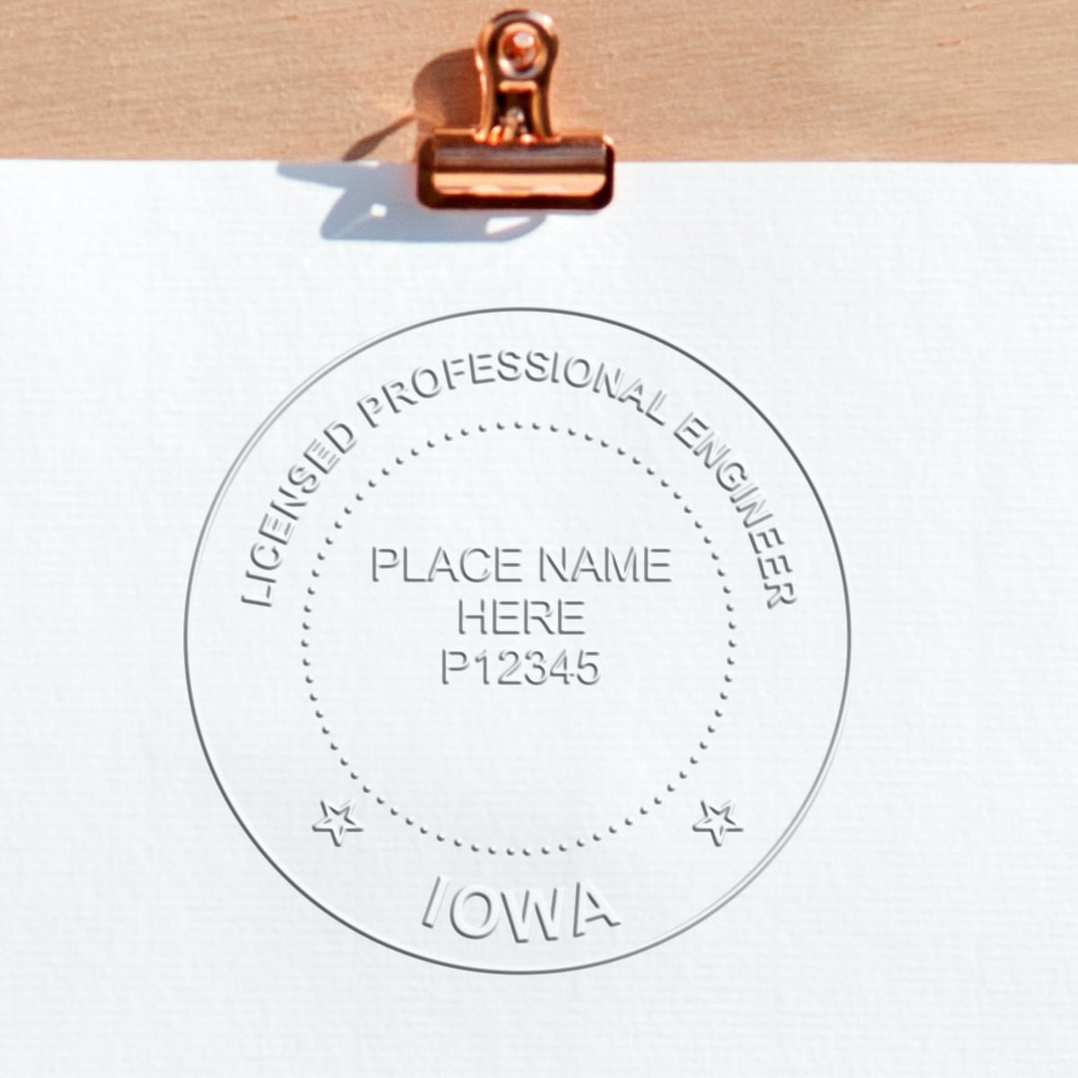 A stamped imprint of the Gift Iowa Engineer Seal in this stylish lifestyle photo, setting the tone for a unique and personalized product.