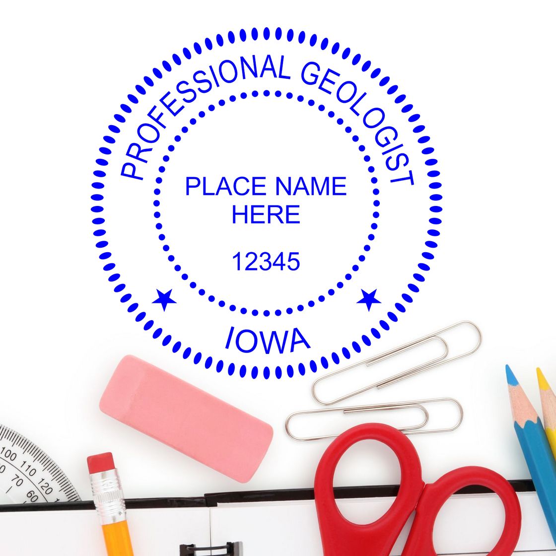A lifestyle photo showing a stamped image of the Digital Iowa Geologist Stamp, Electronic Seal for Iowa Geologist on a piece of paper