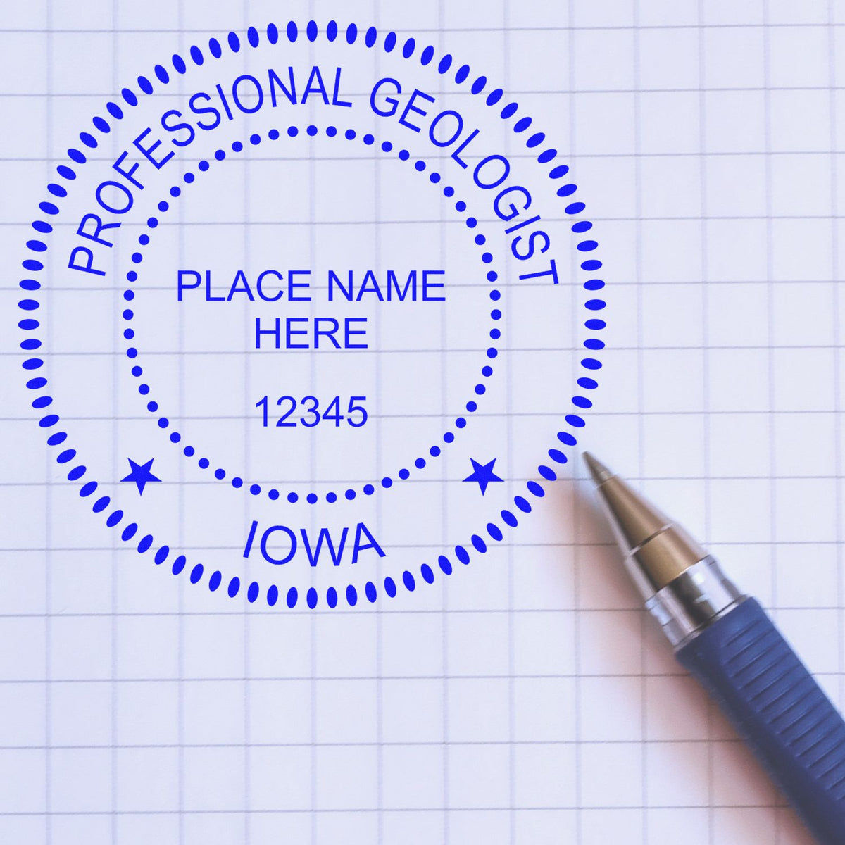 An alternative view of the Iowa Professional Geologist Seal Stamp stamped on a sheet of paper showing the image in use