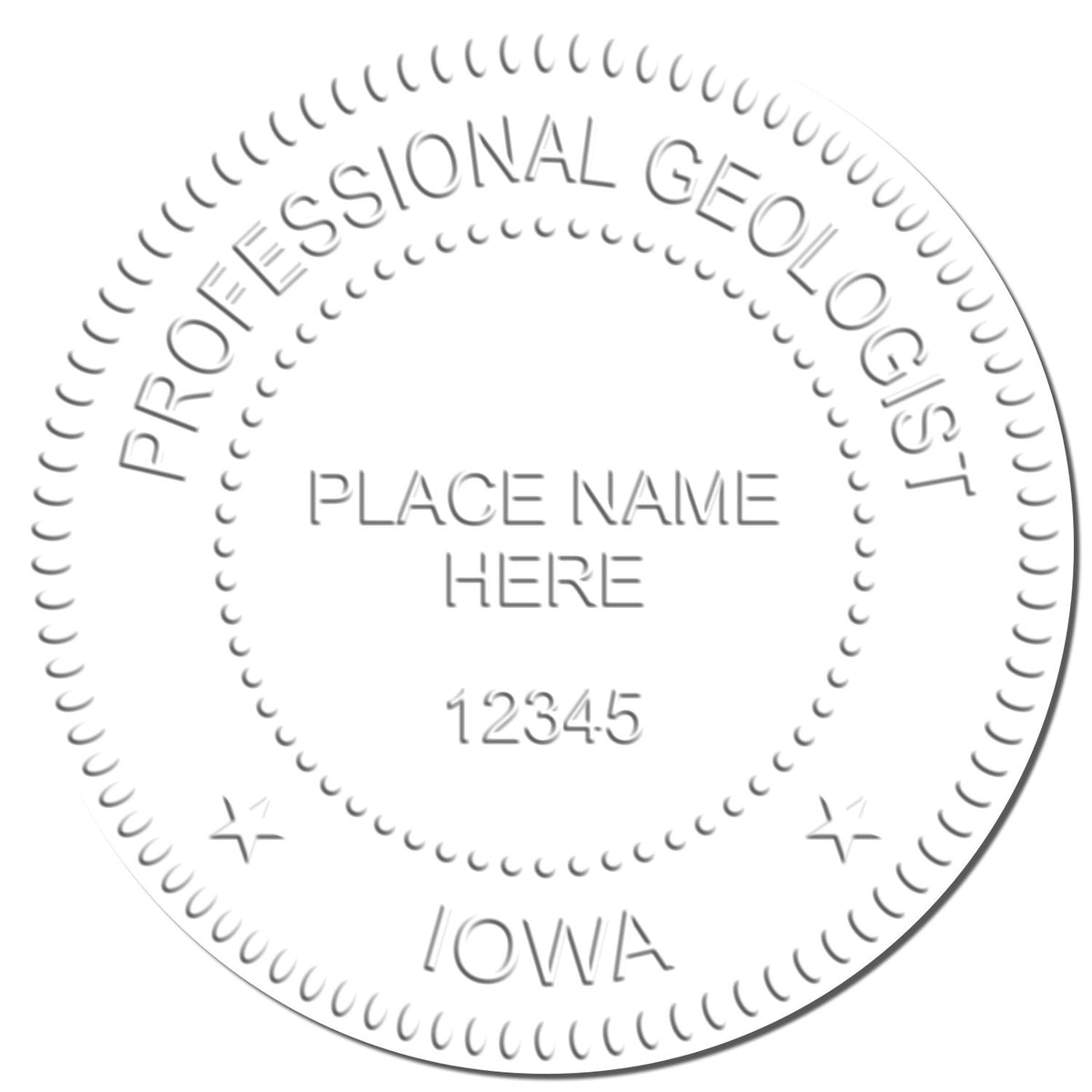 A photograph of the Hybrid Iowa Geologist Seal stamp impression reveals a vivid, professional image of the on paper.