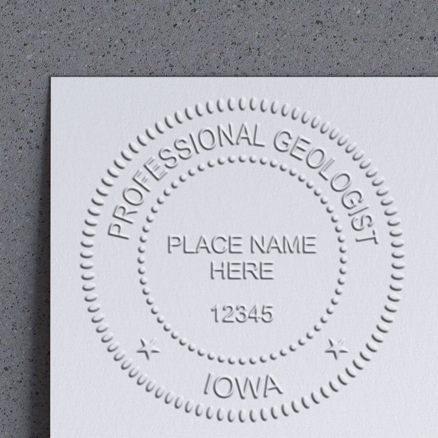 A photograph of the Soft Iowa Professional Geologist Seal stamp impression reveals a vivid, professional image of the on paper.