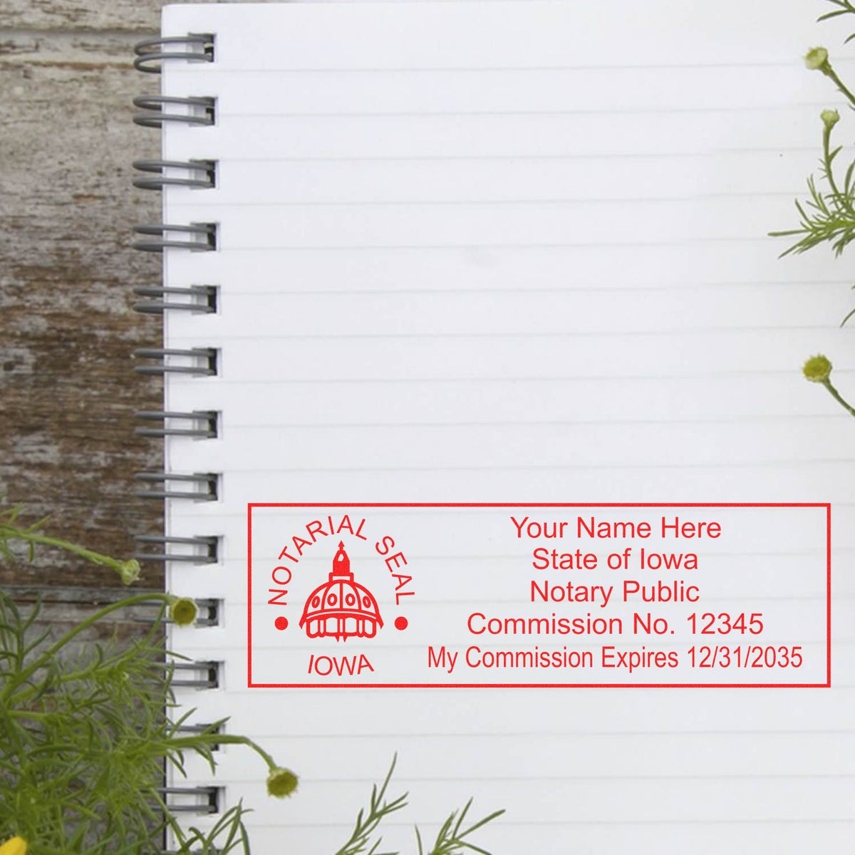 The Heavy-Duty Iowa Rectangular Notary Stamp stamp impression comes to life with a crisp, detailed photo on paper - showcasing true professional quality.