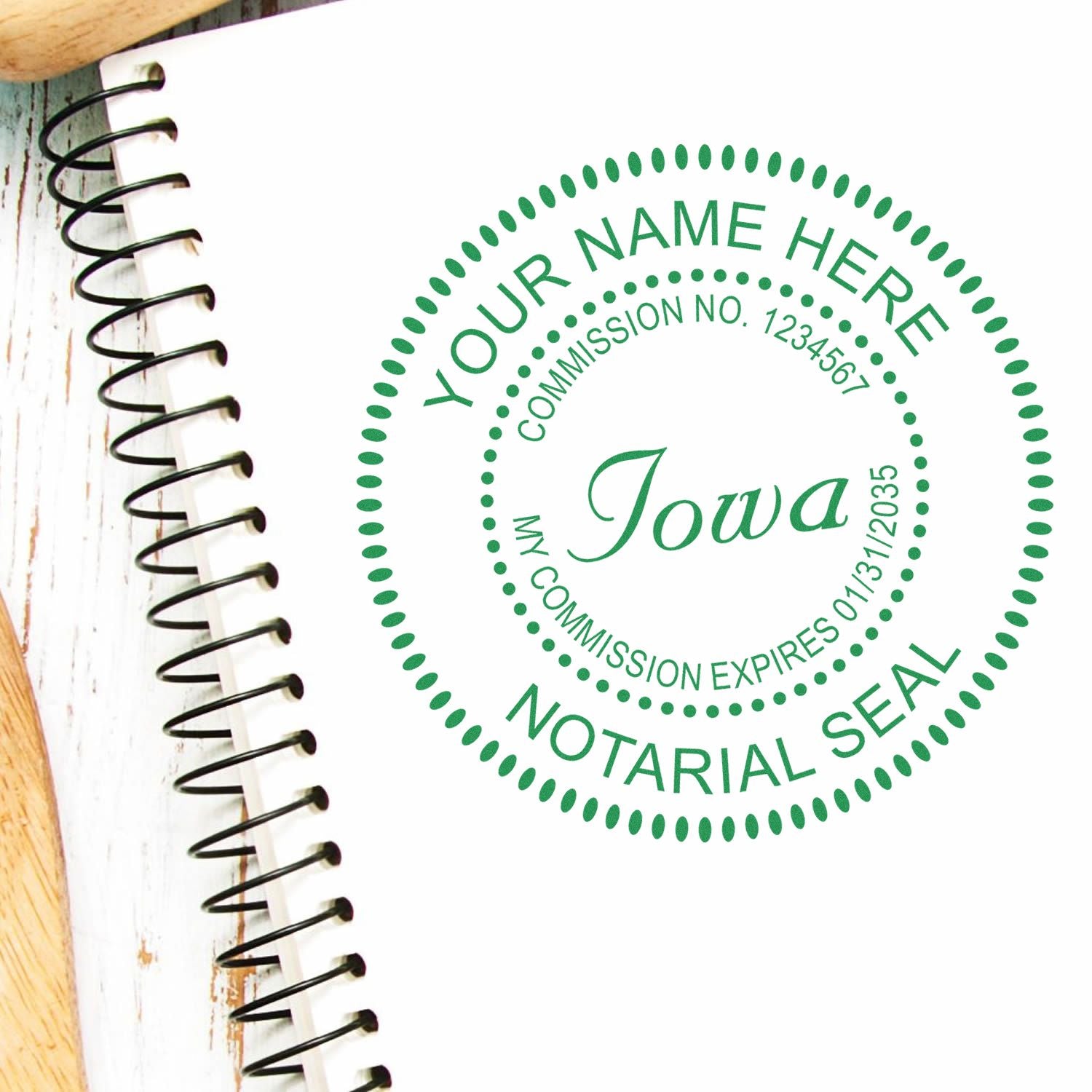 A photograph of the PSI Pre-Inked Iowa Notary Stamp stamp impression reveals a vivid, professional image of the on paper.