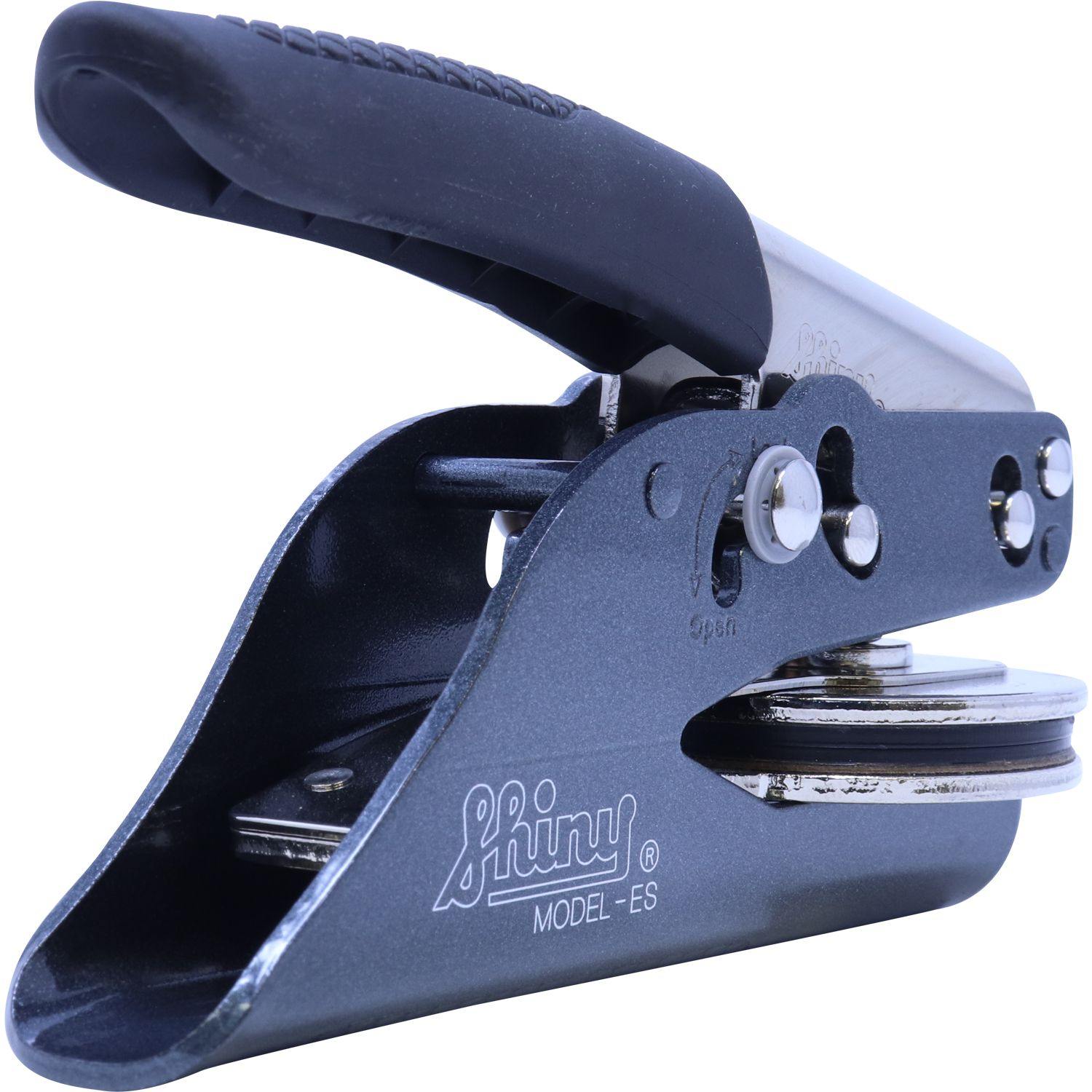 Geologist Soft Seal Embosser with a black handle and metal body, displaying the Shiny Model ES logo, angled to show the embossing mechanism.