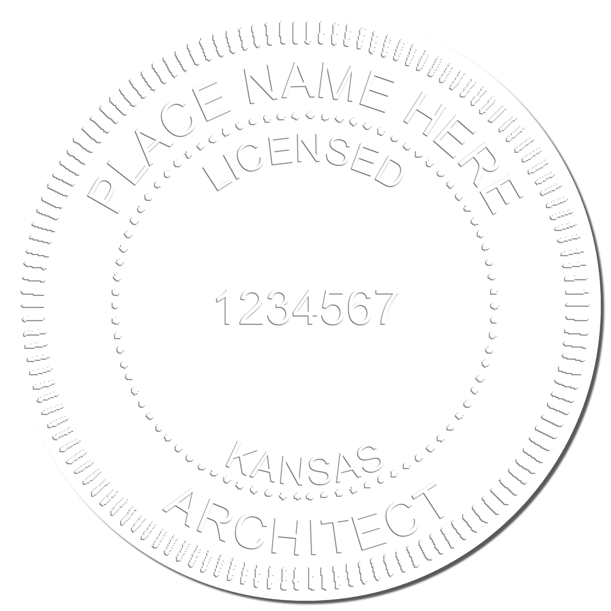 The main image for the State of Kansas Long Reach Architectural Embossing Seal depicting a sample of the imprint and electronic files